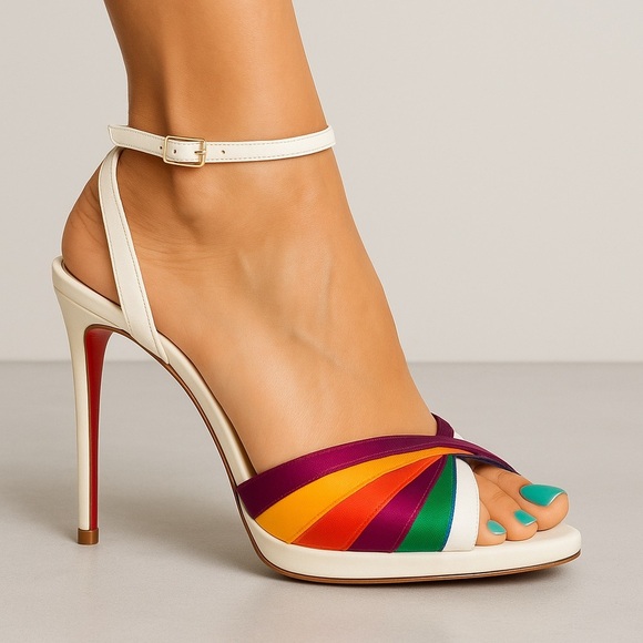 CHRISTIAN LOUBOUTIN Naseeba Strappy Rainbow Wedding Bridal Red Sole Sandal 37 - Picture 1 of 16